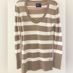 🔥🔥Y2K Oversized American Eagle Long Brown Striped Scoop-neck Long-Sleeve Sweater